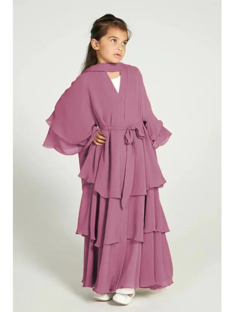 Ramadan Eid Muslim Sweet Girl Abaya Chiffon 3 Layers Cake Dress Kids Abayas Dubai Arabic Islam Abayas Children Robe Cardigan