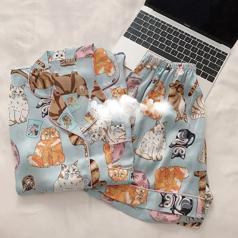 Pijama de seda cetim feminino, pijama lapela, shorts de manga comprida, estampado cães e gatos kawaii, primavera verão