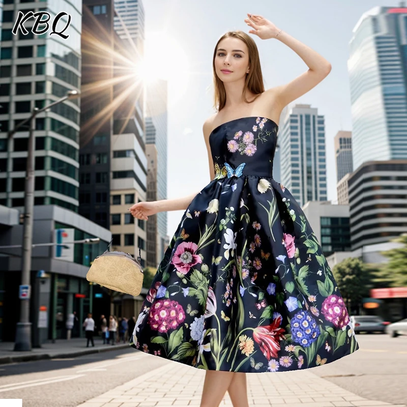 

KBQ Hit Color Printing Temperament Slimming Dresses For Women Strapless Sleeveless Backless High Waist Elegant Dress Female New