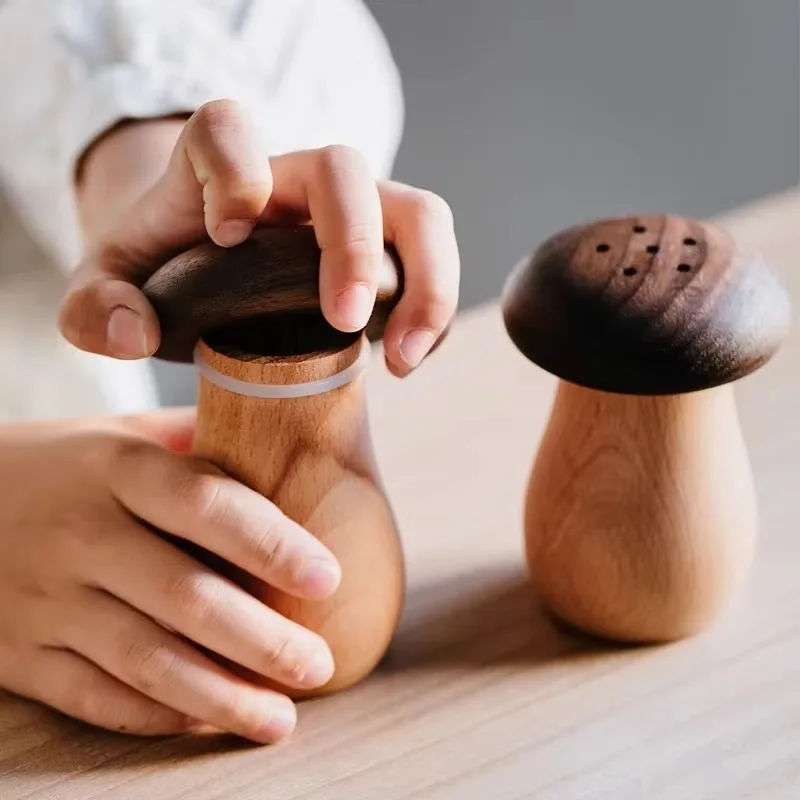 Custom mushroom toothpick holder with natural walnut top and beech wood base, sealed wood dispenser for kitchen dining table