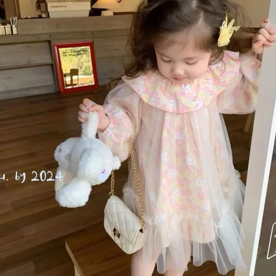 

2024 Baby Girls Mesh Floral Dress Spring Autumn Clothing Sweet Kids Children Birthday Princess Dresses Children Clothes Vestidos