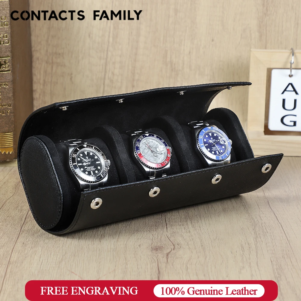 CONTACTS FAMILY Genuine Saffiano Leather 3 Slots Watch Roll Box Portable Travel Watch Case Watches Collector Storage Organizer