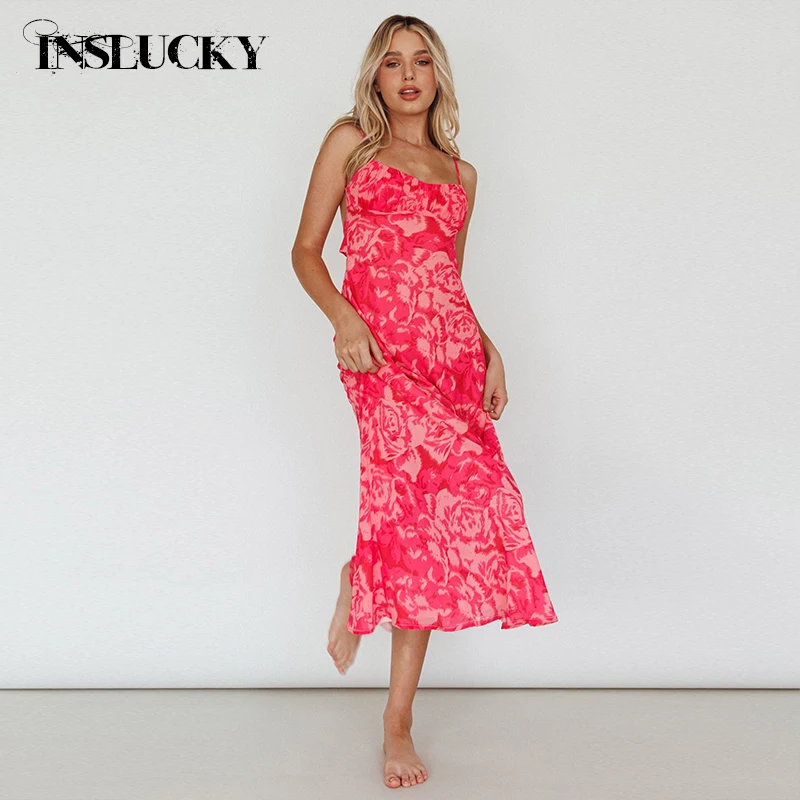 

InsLucky Flower Pink Print Maxi Dress For Women Twist Back Folds Spaghetti Strap Dresses Summer Luxury Elegant Evening Clothing