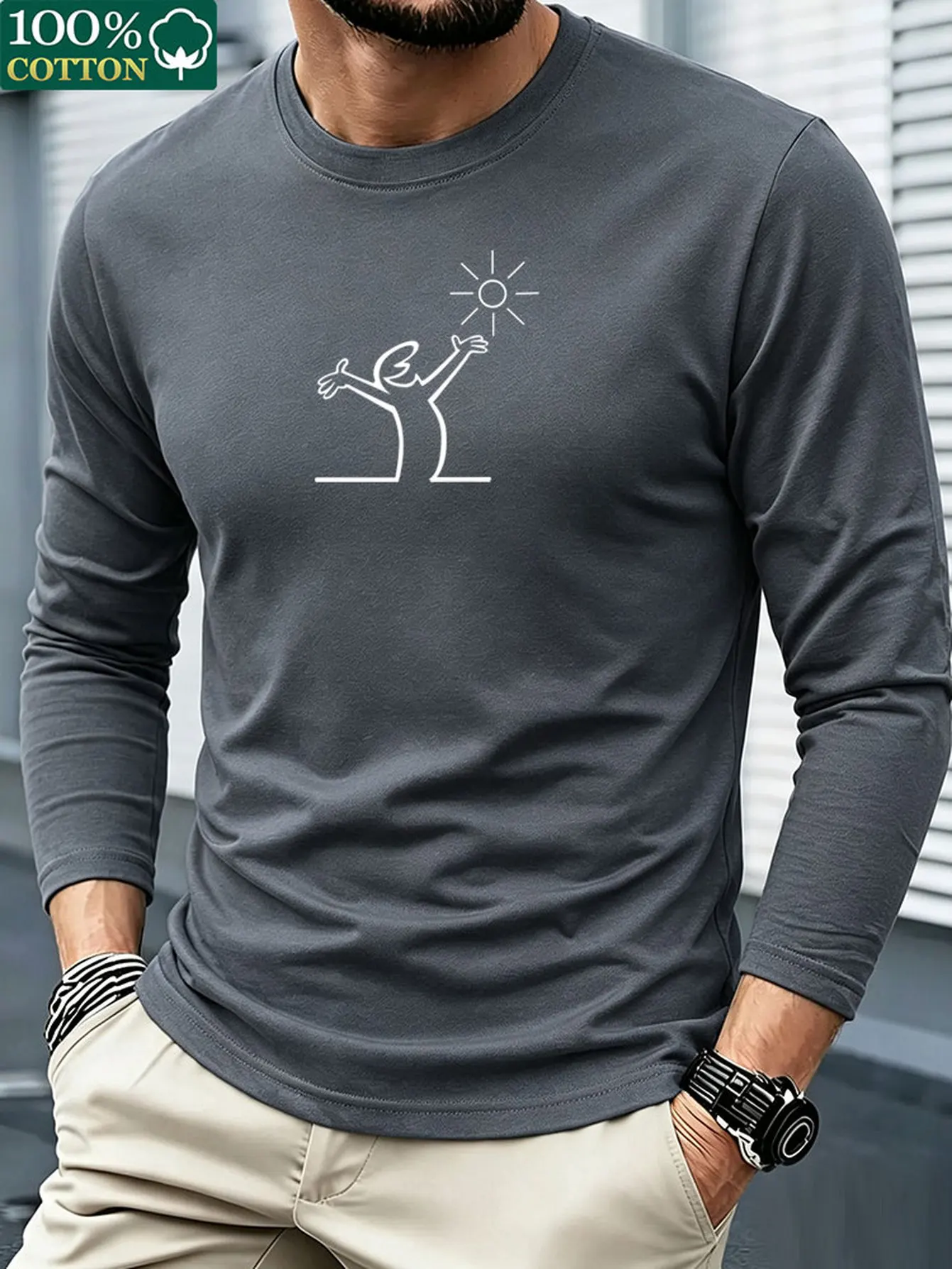 Men 100% Cotton Long Sleeve T Shirt Crew Neck Casual Comfort Versatile Basic Top Outdoor Leisure Spring Autumn Clothes view 3