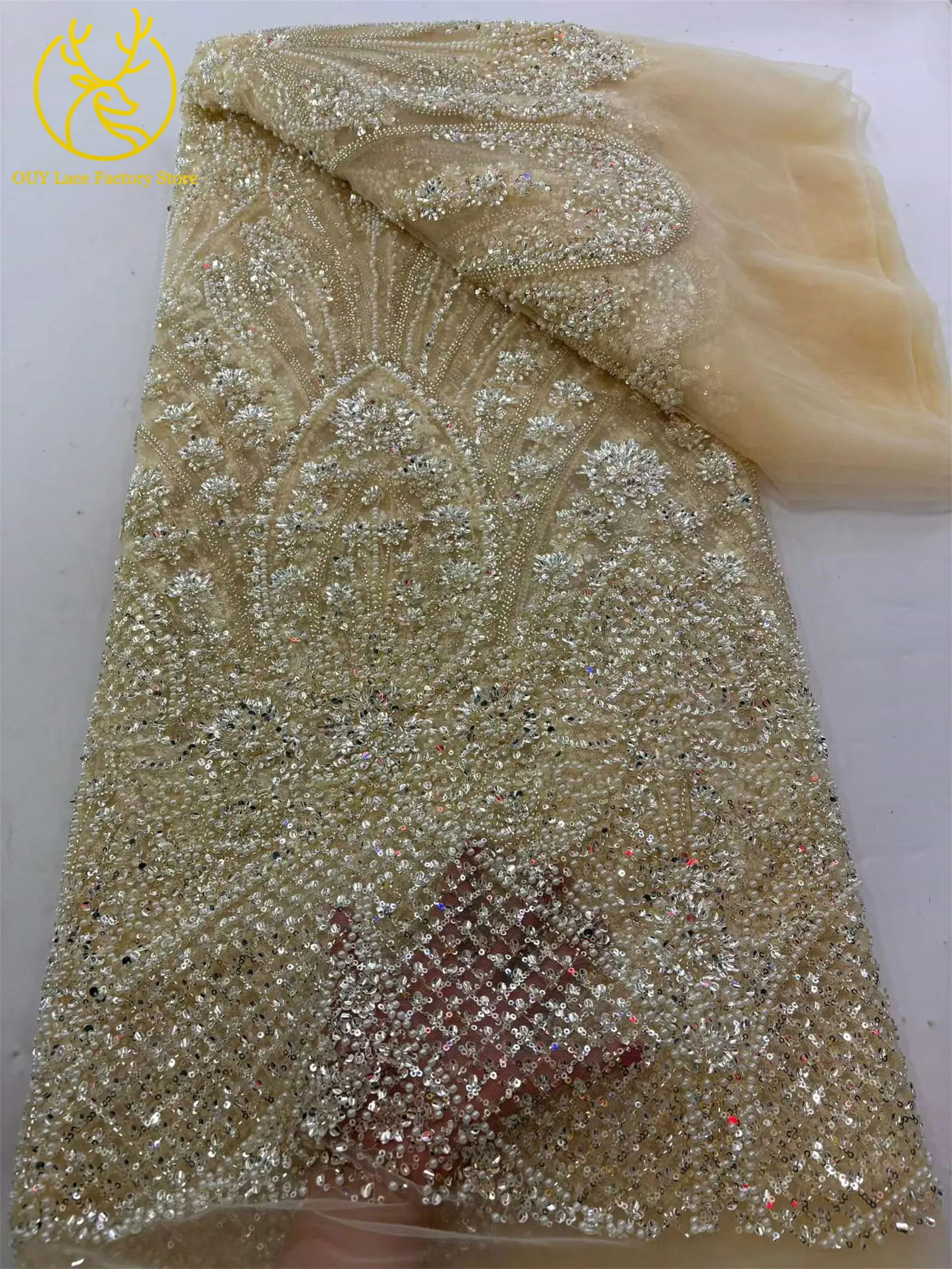 5 Yards afrikanischer schwerer Perlen-Pailletten-Netzstoff, goldener französischer Pailletten-Tüllstoff für wunderschöne Hochzeitskleider zum Nähen – Detail 10