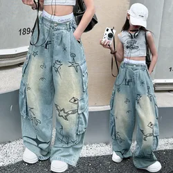 Retro cartoon graffiti loose teen girls jeans 12 junior girl summer design wide leg Cargo denim pants kids Multi pocket trousers