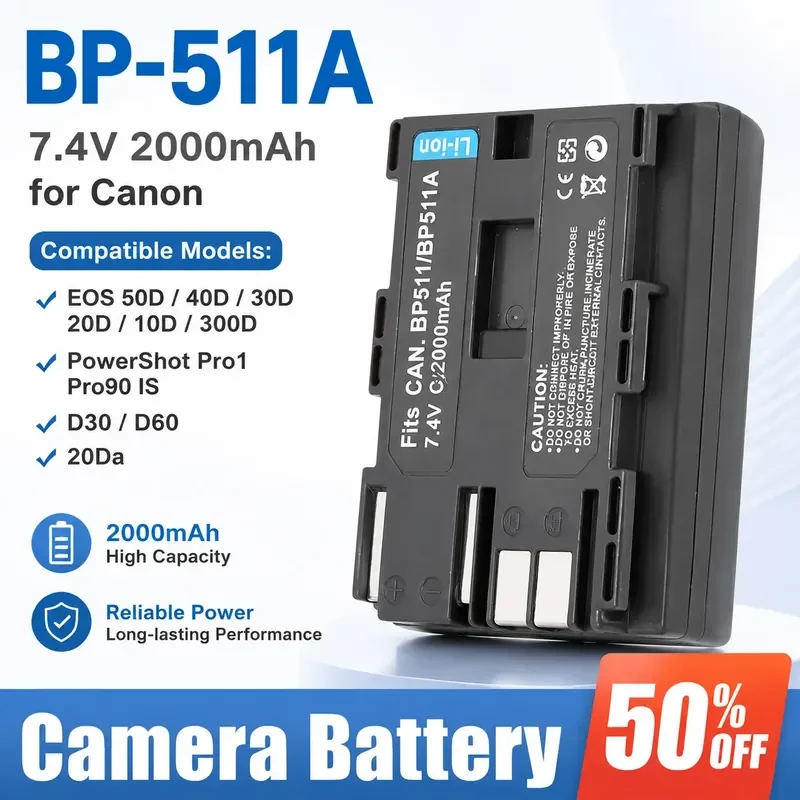 

BP-511A Camera Battery 7.4V 2000mAh for Canon D30 D60 EOS 50D 40D 30D 20D 20Da 10D 300D 50D D60 BP-511 PowerShot Pro1 Pro90
