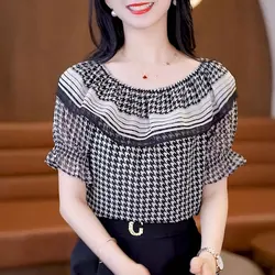 Sweet Houndstooth Round Neck Patchwork Shirt Female Clothing Korean Loose 2023 Summer New Short Sleeve Commute Elegant Blouse