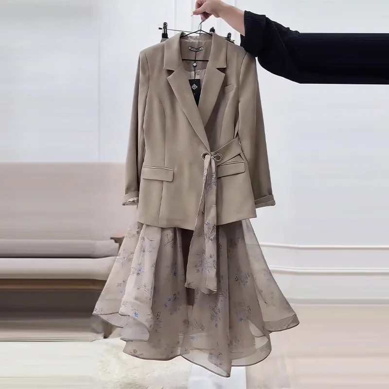 Röcke-Set für Damen, zweiteilige Sets, Langarm-Blazer mit Revers, lange Röcke, Blumenmuster, A-Linie, Schnürung, Y2K, elegant, lässig, für die Arbeit, Sommer