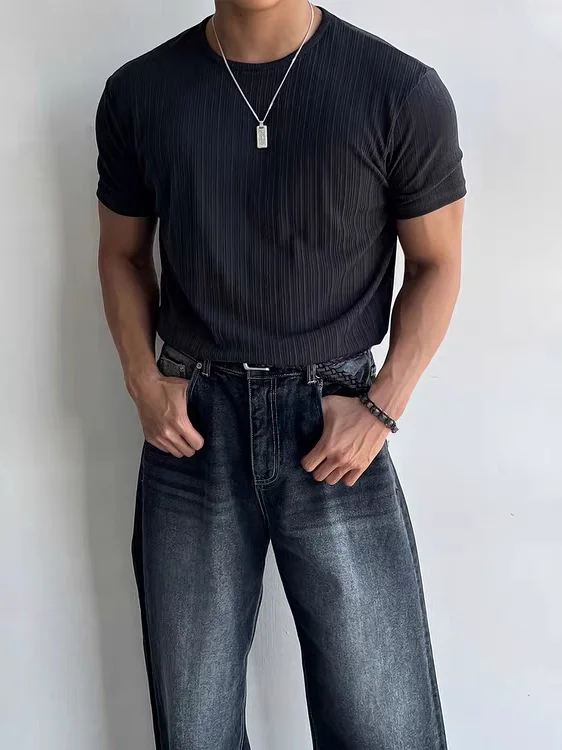 American Style Hard Man Ice Silk T-Shirt Men's Folded Muscle Texture Slim Fit Short Sleeve Cool Feeling Corrugated Quick Dry ...