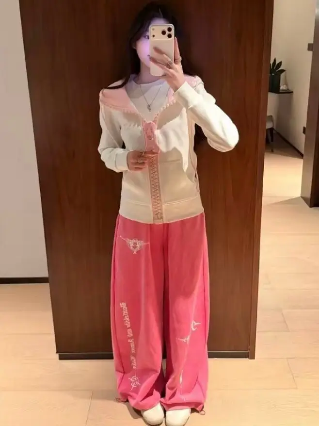 Retro American Color Block Hoodie Women's Slim Fit Casual Outerwear Pink Trendy Zipper Design Long Sleeve Sweatshirt