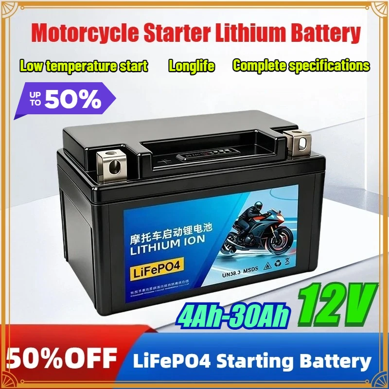 Motorcycle Battery 12V 4.0AH-30.0Ah CCA 200A-400A LiFePO4 Scooter Starter Built in BMS Lithium Battery Voltage Protection ATV