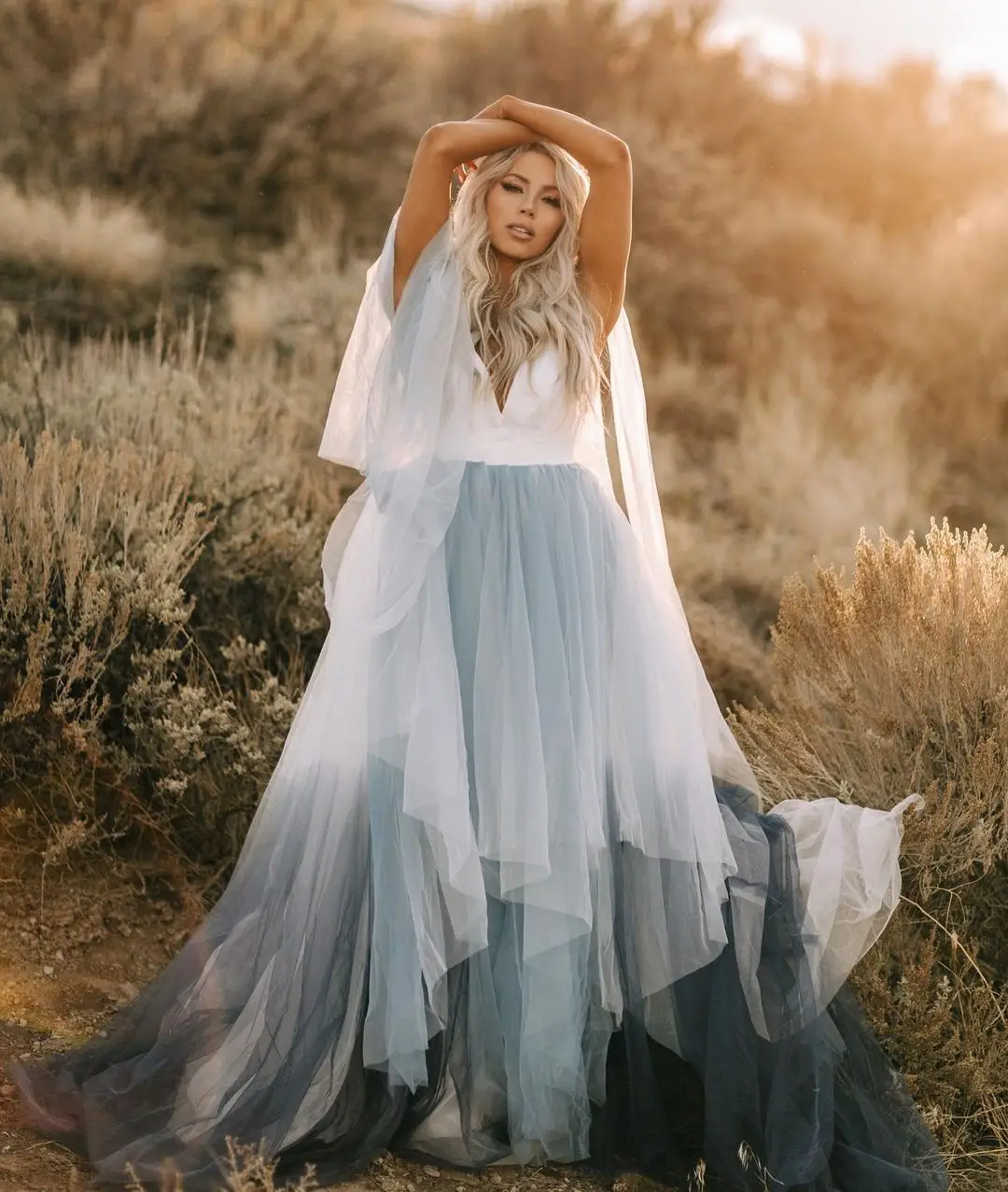 Xunbei Tie-dyed Blue Fairy Light Wedding Dress Beach Boho V Neck A Line Bride Dress Chiffon Backless Bohemian Bridal Gowns