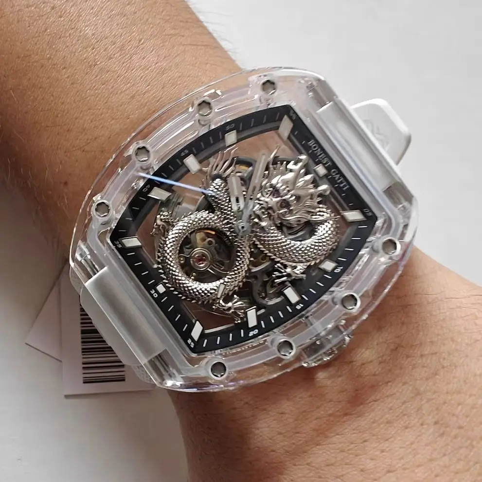 BONEST GATTI Men Automatic Watch 45mm Tonneau Mechanical Wristwatch Acylic Case Sapphire Luminous Skeleton Dragon Dial FKM Strap