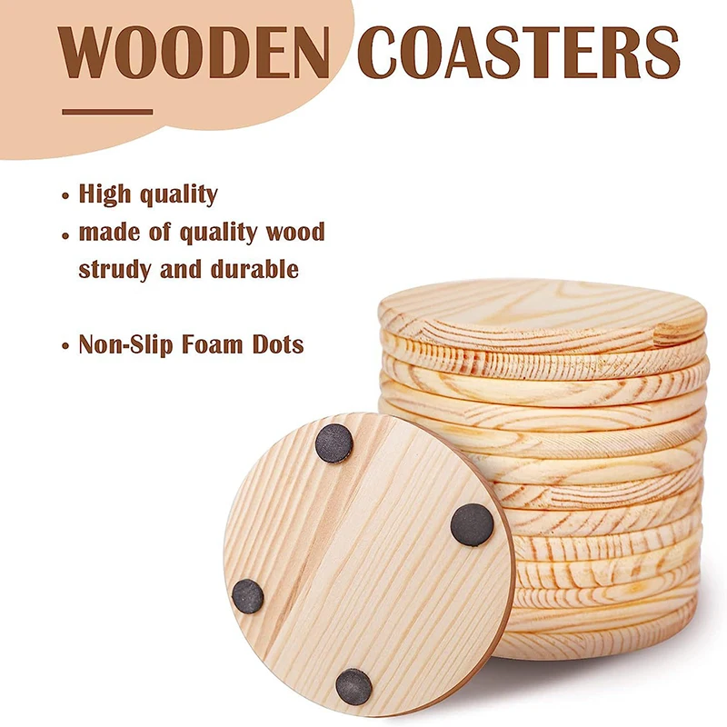 60Pcs Unfinished Wood Coasters 4 Inch Round Blank Wooden Coasters with Non-Slip Silicon Dots for DIY Stained Painting