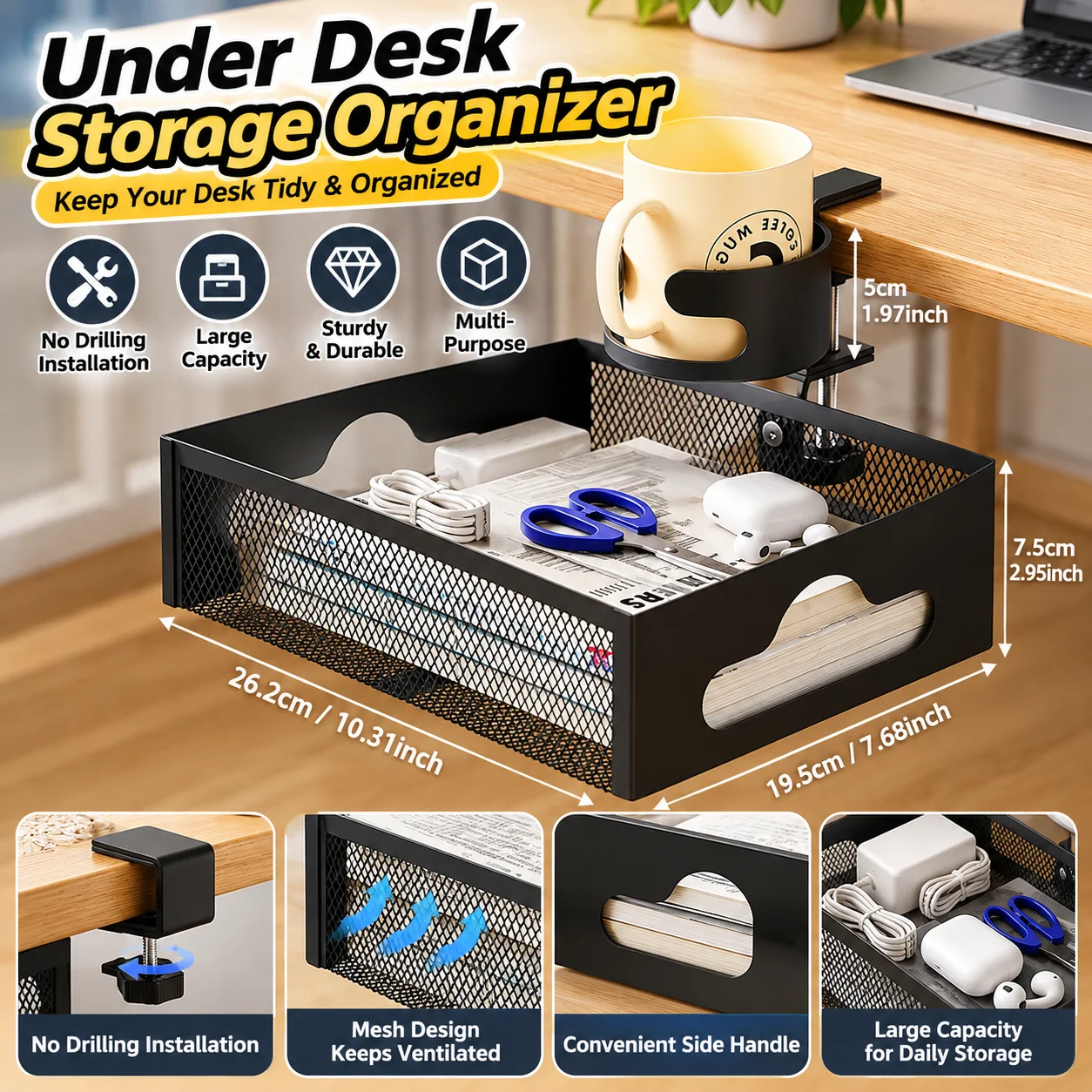 No Drilling Extendable Under Desk Cable Management Metal Cable Tray Under Desk With Clamp Retractable Power Strip Cord Holder