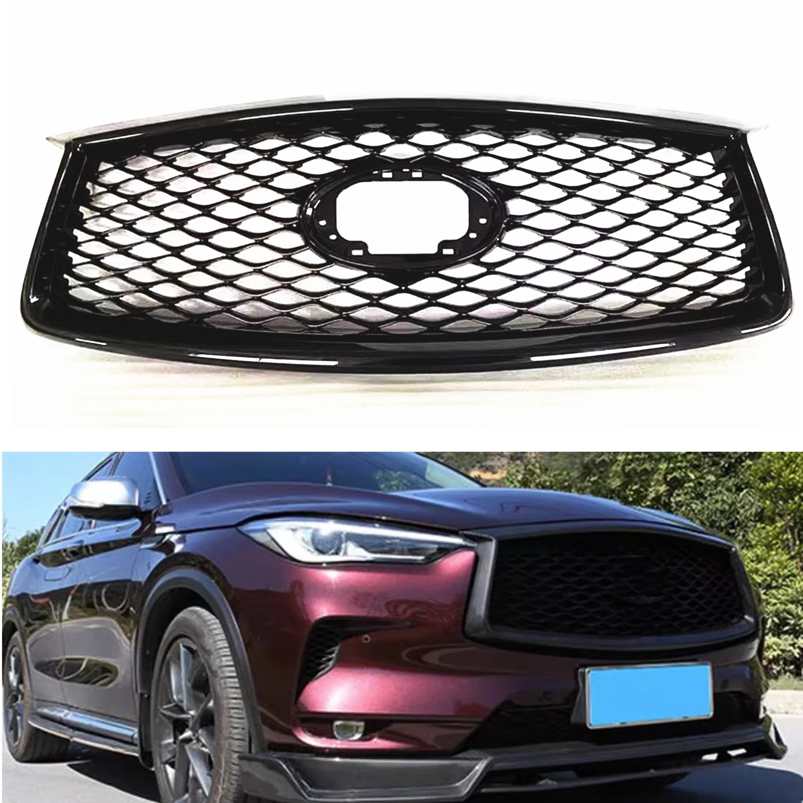 

For Infiniti QX50 2019 2020 2021 2022 2023 4-Door Front Grille Grill Honeycomb Style Black Car Upper Bumper Hood Mesh Grid Kit