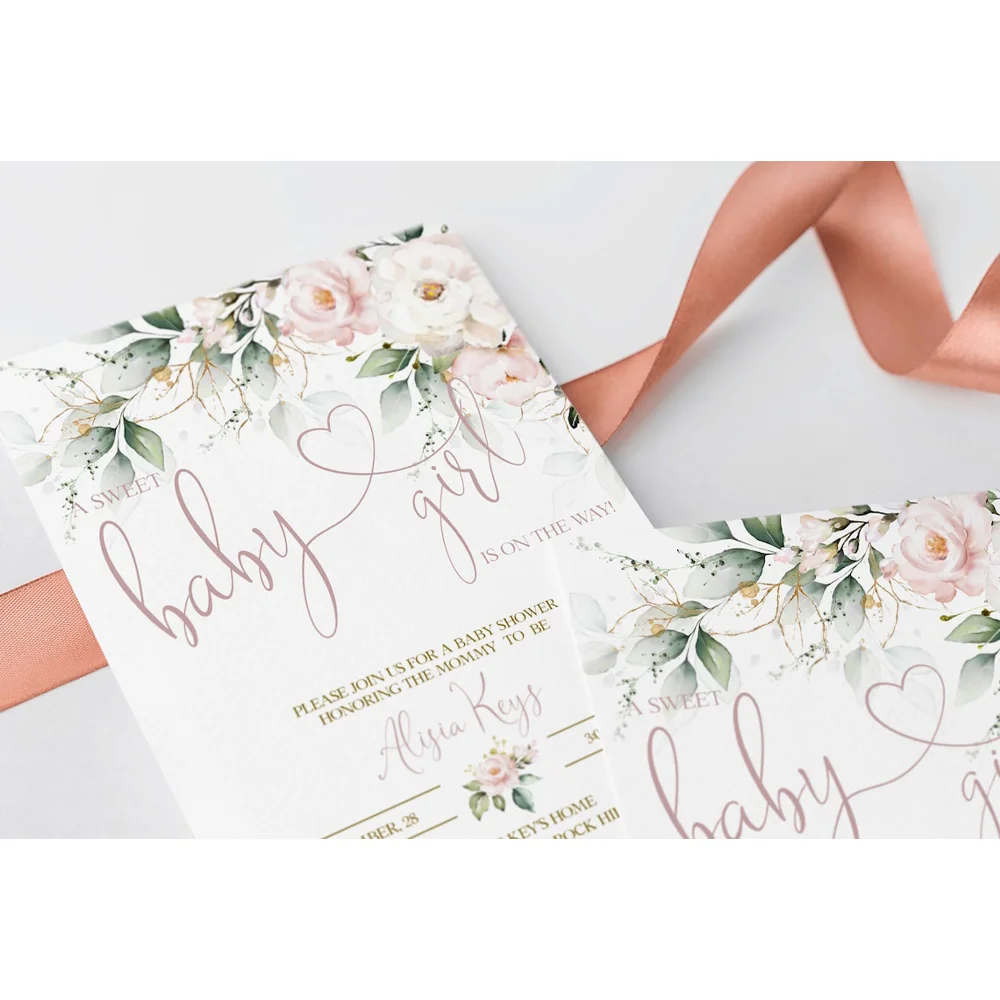 Personalized Blush Baby Shower Invitation Cards, Customized Baby Shower, Girl and Baby Shower, Soft Pink Card view 2