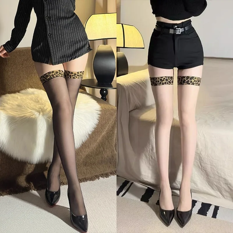 Hot Girl Leopard Spliced Thigh‑High Stockings Women Summer Thin Sheer Over‑Knee Socks Non‑Slip Stretchy Hosiery Casual Outfits