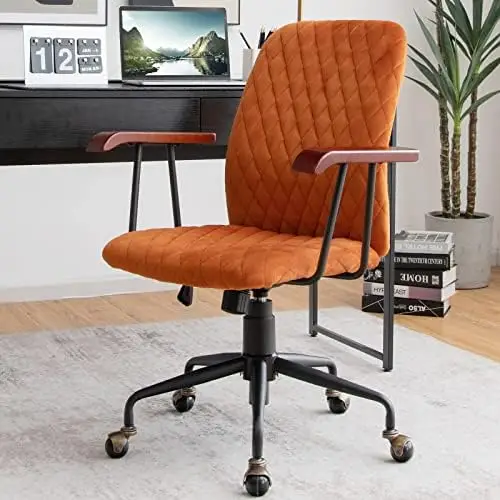 Silla de escritorio de oficina en casa naranja, silla giratoria ajustable vintage con ruedas y reposabrazos de cobre, silla de ocio de mediados de siglo,