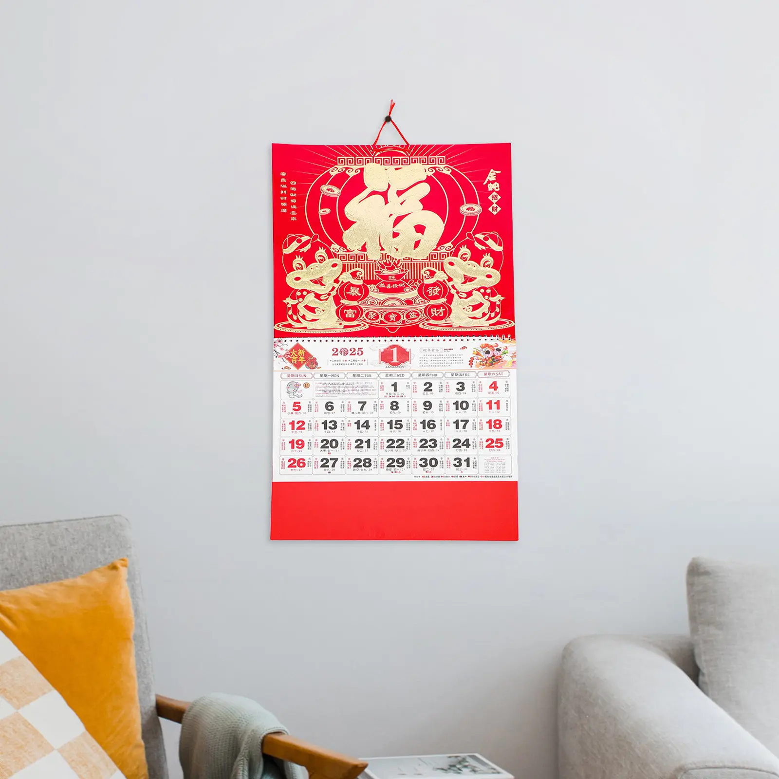 

Gold Foil Snake Year 2025 Hanging Calendar Chinese Lunar Year Wall Calendar Decorative Painting Home Office Planner Gift