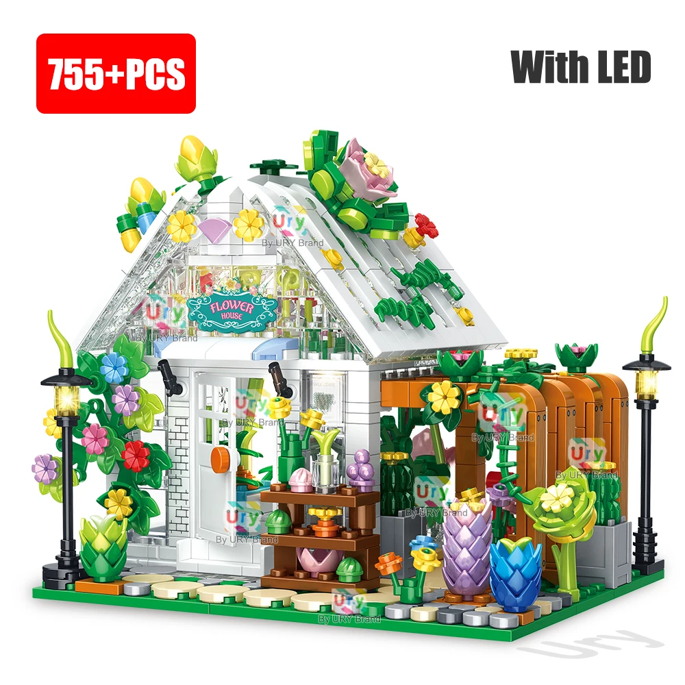 City Street View Creative House Coffee Shop Flower Store Architecture Building Block Bricks with LED Light Sets Toys for Girls