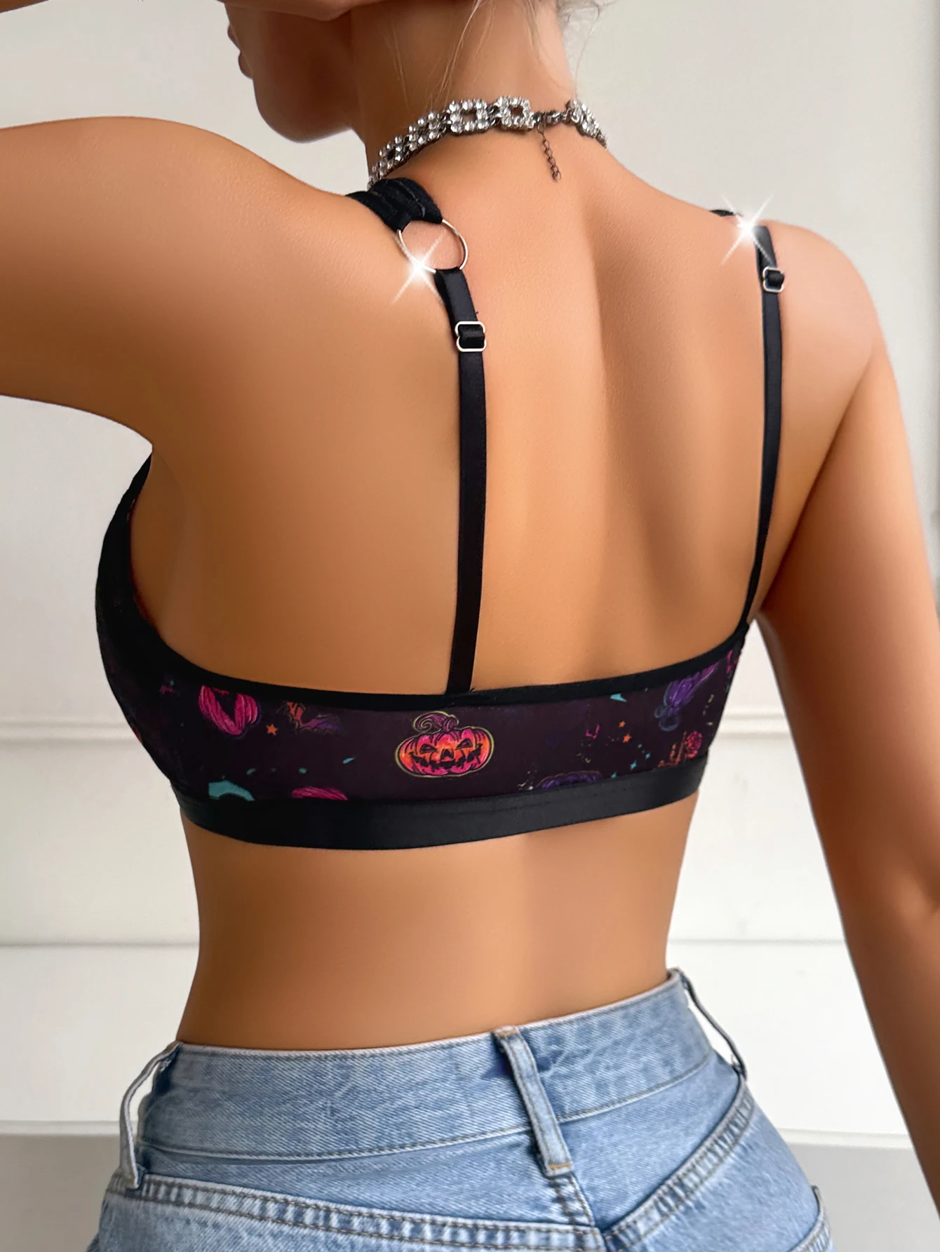 حمالة صدر نسائية من الدانتيل على الطراز القوطي - نمط اليقطين والخفافيش * نمط القمر، بدون سلك/غير مبطن، ناعمة ومسامية، ملابس داخلية لزي الهالوين