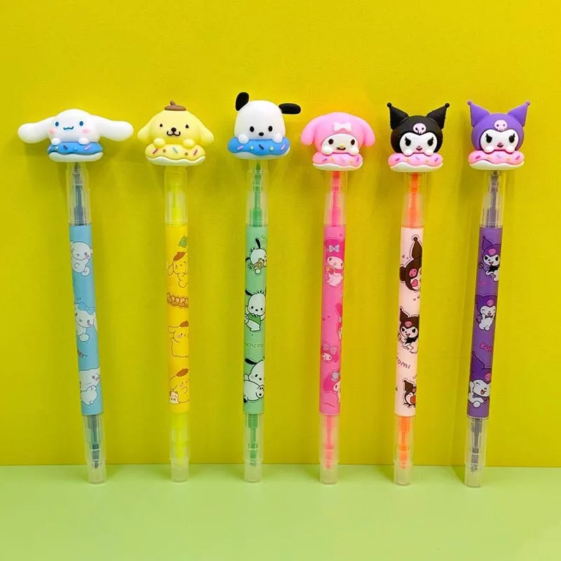 36pcs/lot Sanrio Kitty 6 Colors Highlighter Double Head Kuromi Pochacco Fluorescent Marker Drawing Pens Office School Supplies