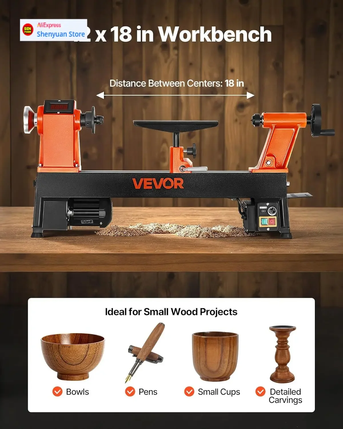 

Настольный токарный станок по дереву с регулируемой скоростью от 0 до 3800 об/мин, токарный станок по дереву, 1 л.с., верстак 12 x 18 дюймов, бесщеточный постоянный ток