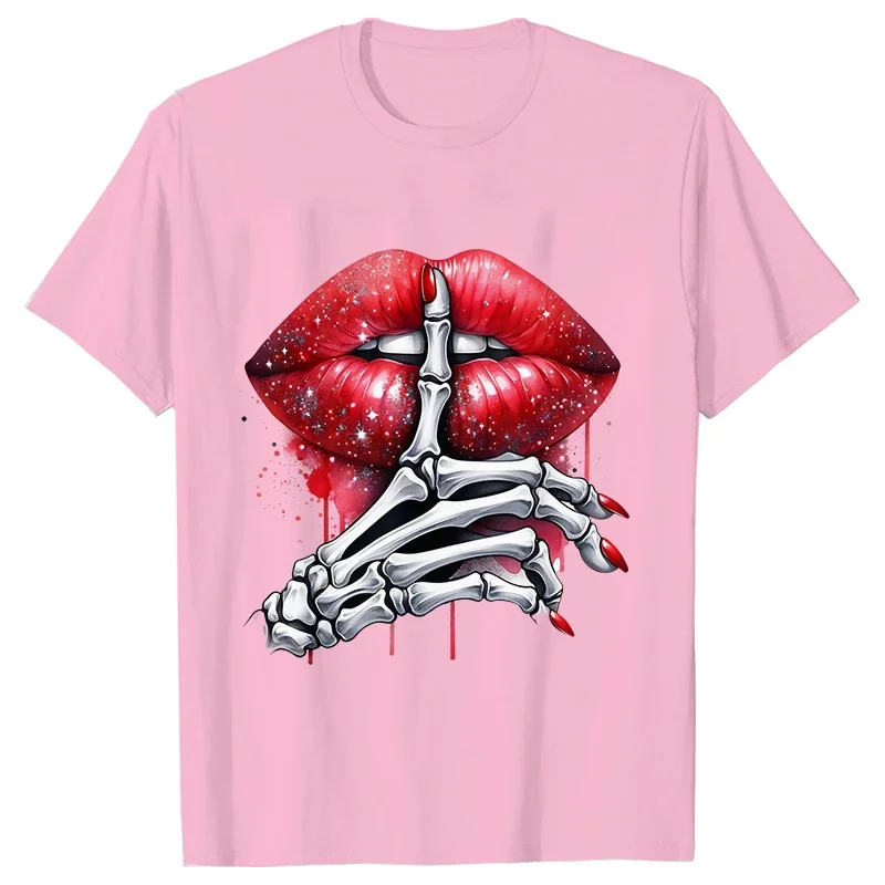 Funny Red Lips Skeleton Hand Print Female T-Shirt Casual Short Sleeve Tops Casual Graphic Clothing Streetwear Ladies Y2k Clothes image 5
