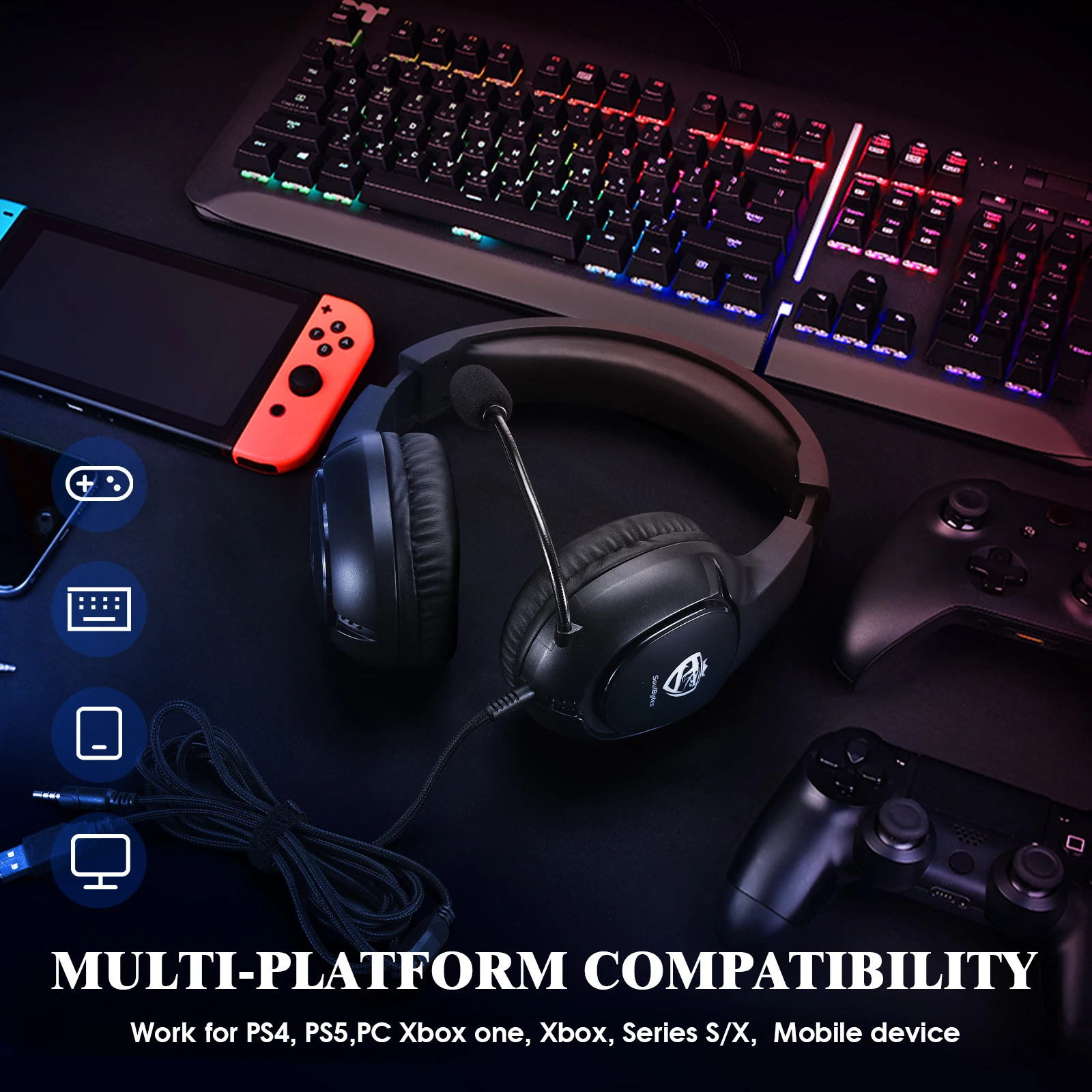 

Игровые наушники S20 с микрофоном с шумоподавлением и LED-подсветкой для PS5, PS4, PC, Xbox One, Switch