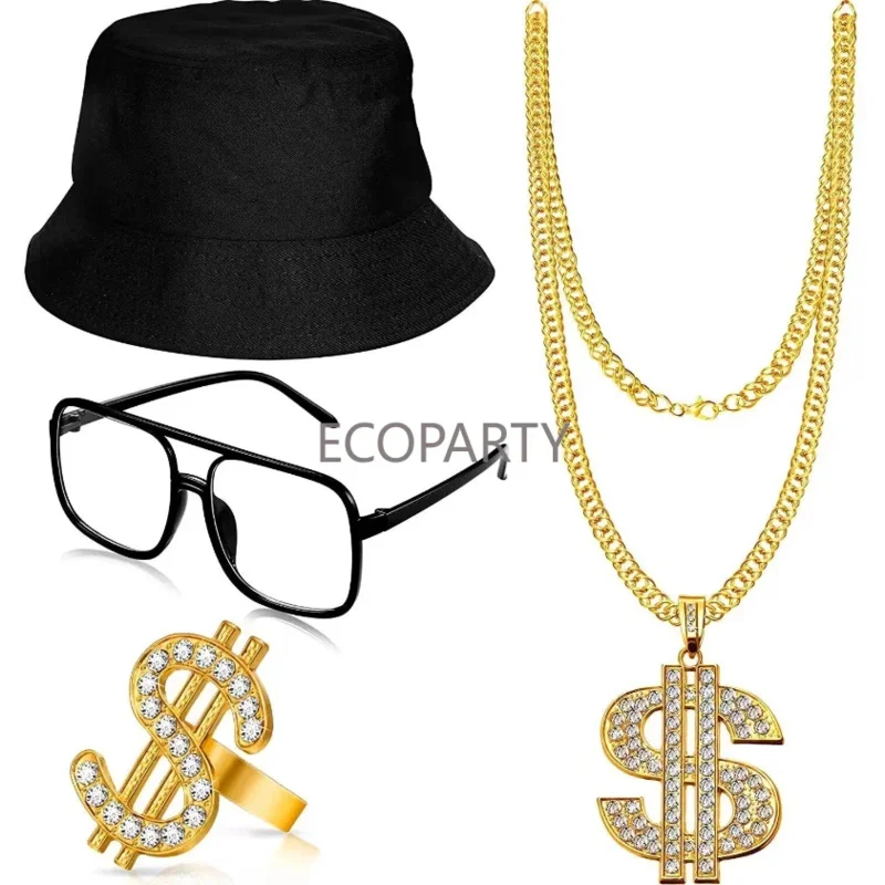 2023 New 80s Hip-hop Flashy Party Halloween Costume Dollar Neckle Ring Bracelet Fisherman Hat Radio Trendsetter Props