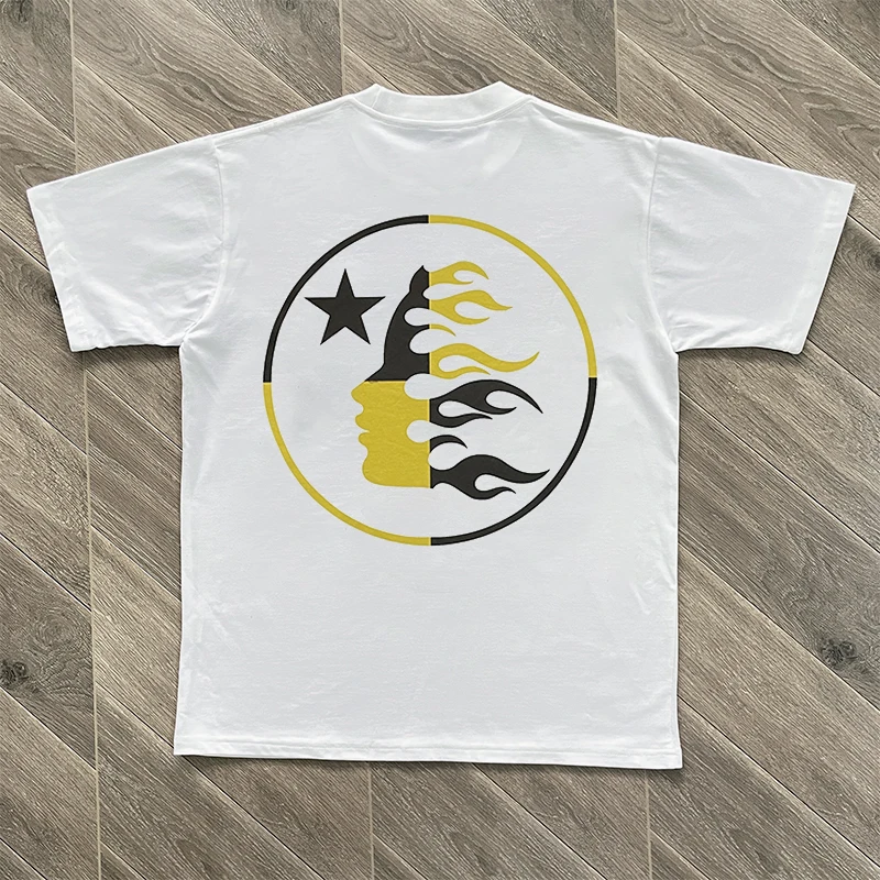 

Street Sle Fire Star Side Face Color Blo round Print ort Sve T-irt Youth Casual Cotton Top Summer Breathable