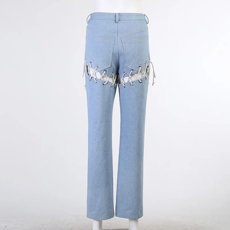 Sexy Hohl Kordelzug Jeans Licht-farbige High-taille Straps Gewaschen Hosen Beiläufige Dünne Hosen für Frauen Mode Kleidung