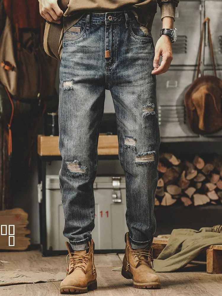 

Классические мужские джинсы в стиле ретро в американском стиле, прямые брюки, повседневные осенне-весенние износостойкие хлопковые джинсы с каменной завязкой и водой