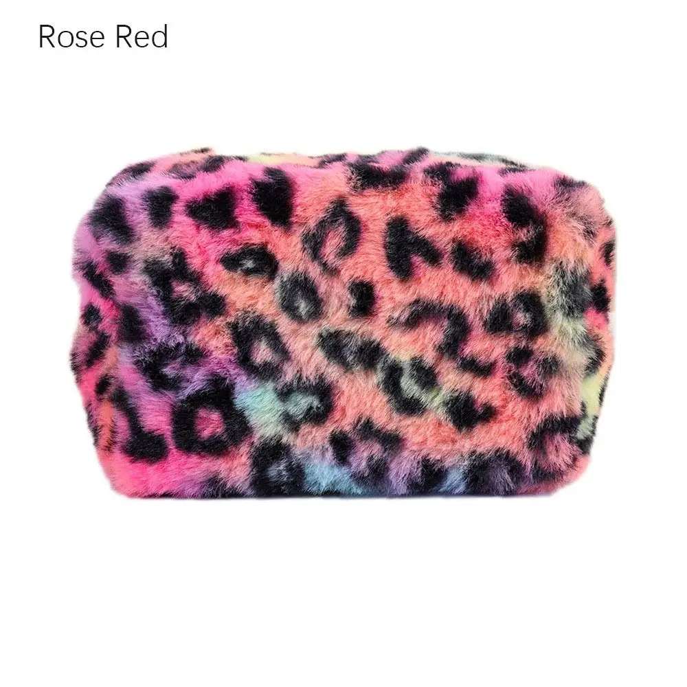 Bolsa de maquillaje de felpa duradera, bolsa de aseo de gran capacidad con estampado de leopardo, bolsa de cosméticos portátil con cremallera