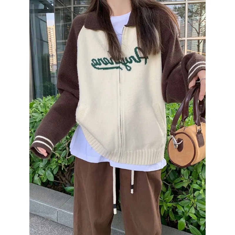 Vintage Letter Print Patchwork Sweater Cardigan Women Harajuku Streetwear Brown Zip Jumper Knitted Tops Preppy Style