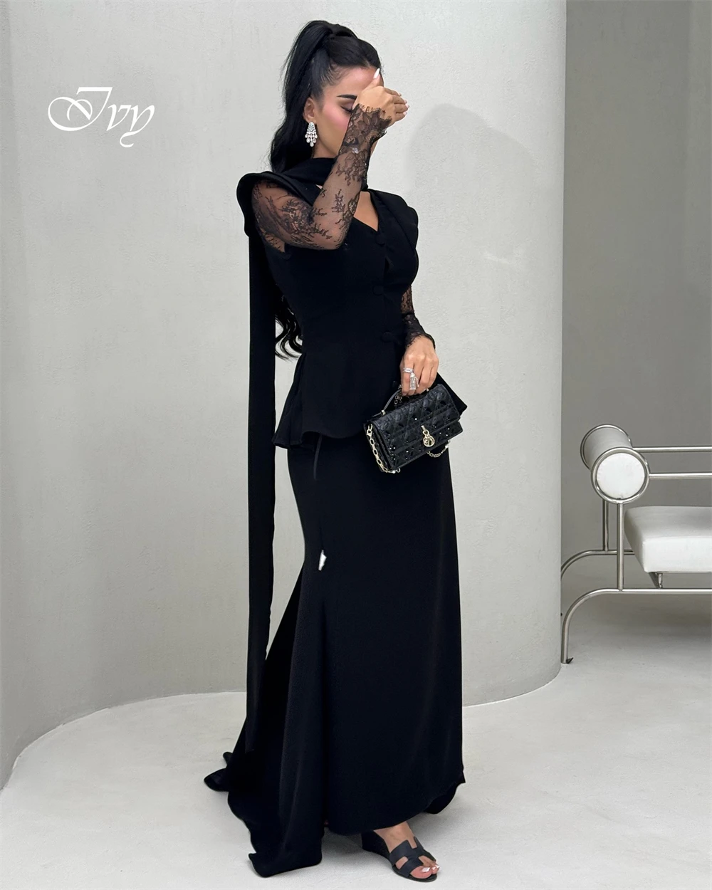 تخصيص رائعة الخامس الرقبة كاب الأكمام الدانتيل طويلة الأكمام عالية الجودة الساتان فساتين حفلة موسيقية حساسة فساتين المناسبات الخاصة