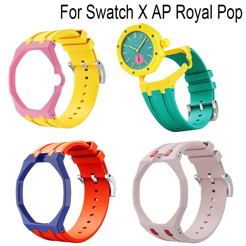 2in1 Bioceramic Case&Silicone Strap For Swatch x AP Royal pop Pocket watch bands Modification kit integrated Silicone Wirstband