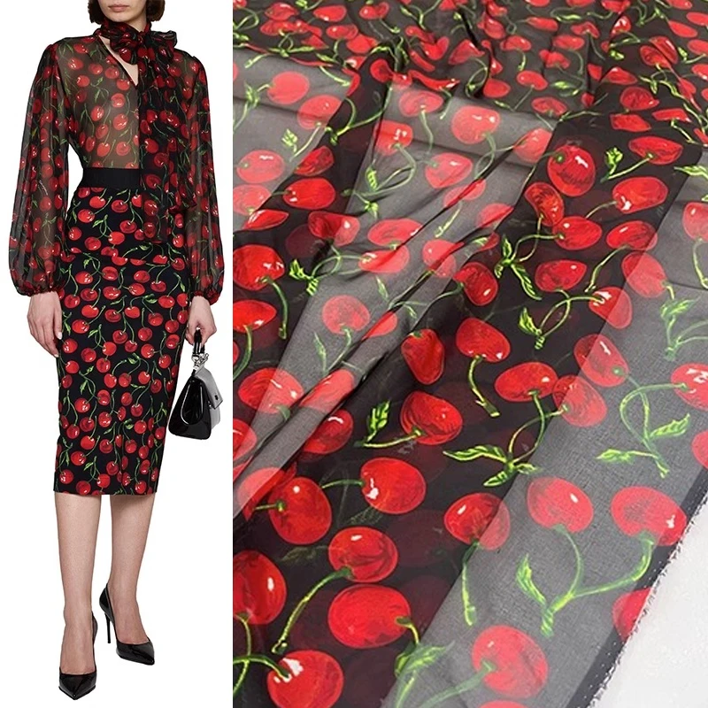 Fashion Silk Chiffon Mulberry Silk Flower Fabric Luxury Cherry Pattern Brilliant Bright Women Wear High Quality Designer Fabrics