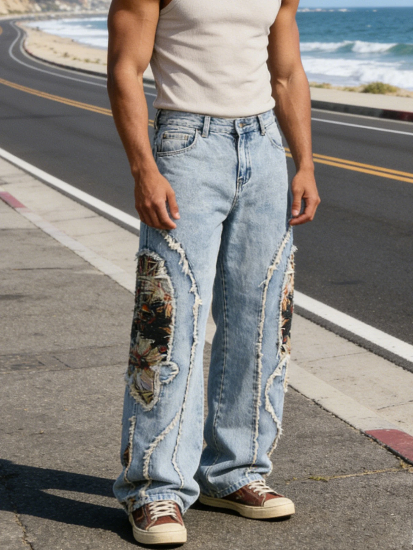 

Shigao Street Heavy Industry Floral Embroidery Raw-Edge Wide-Leg Jeans for Men, Light Blue, Loose Straight-Leg Trendy Pants