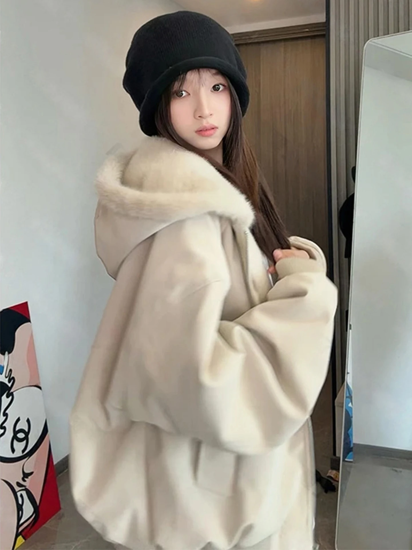 معطف من القطن مبطن بغطاء للرأس من الجلد بنمط الليتشي مع ياقة من الفرو للرجال والنساء ملابس خارجية شتوية