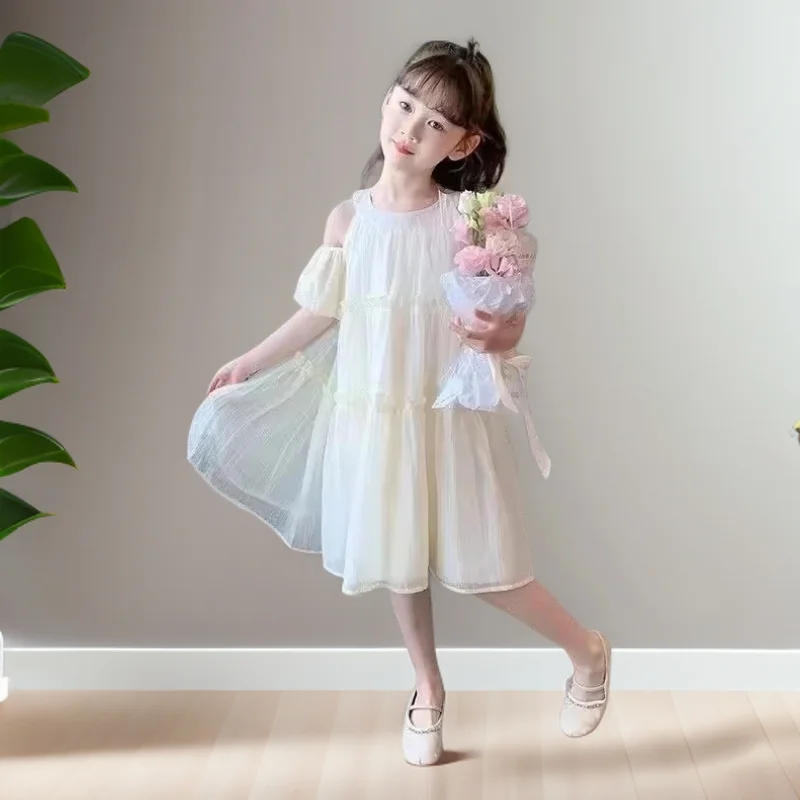 

Girls Chiffon Dress Summer 2025 Arrival Girls Solid Color Princess Dress Flounce Sling Clothes for Baby Girls Students Clothes