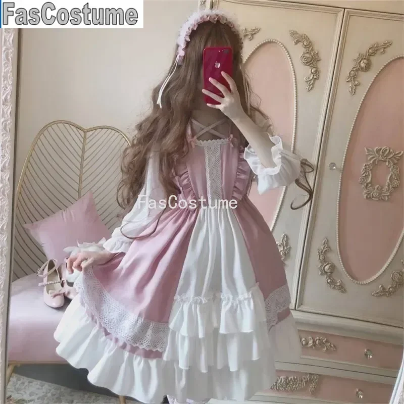 Alice In Wondeland Cute Women Lolita OP Dress Flouncing Lace Trim Japanese Harajuku Long Sleeves Doll Teen Dress Fairy Vestidos