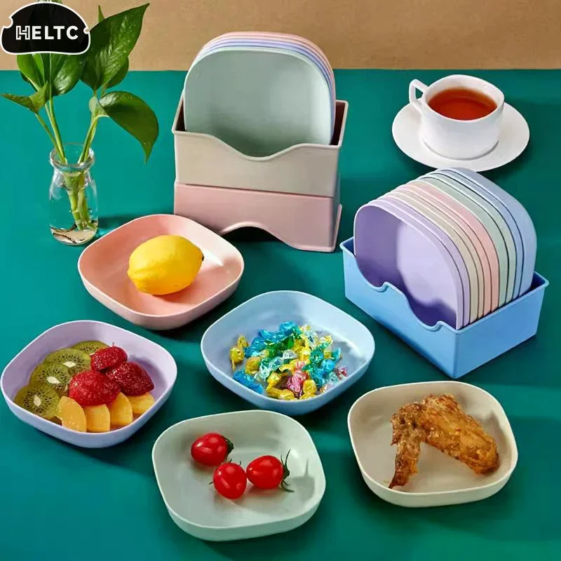 10pcs Snack Plate Macaron Color Simple Straw Bone Spitting Plate Set Candy Fruit Cookie Cake Storage Tray Kitchen Accessories