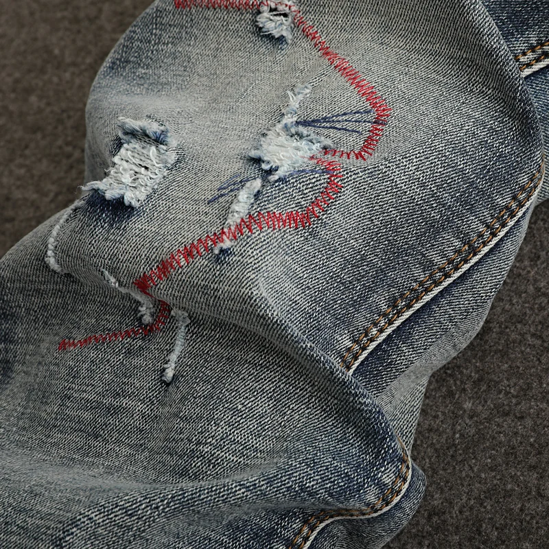 Streetwear Fashion Men Jeans High Quality Retro Washed Stretch Slim Fit Ripped Jeans Men Embroidery Designer Vintage Denim Pants