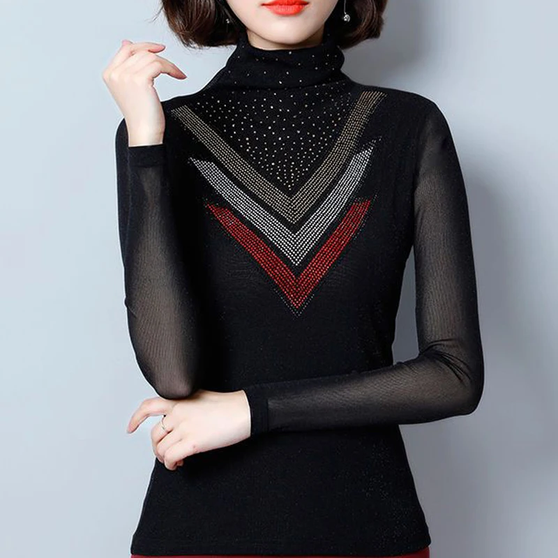 Autumn Elegant Fashion Chic Pullover Women Vintage Futuristic Long Sleeve High Neck Beading Geometric Slim Irregular Knitted Top