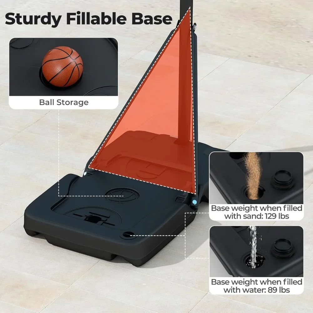 Golha de basquete ajustável portátil para crianças com rodas, alcance de 3,3-7 pés, tabela de PC, base preenchível, cesta de basquete ao ar livre