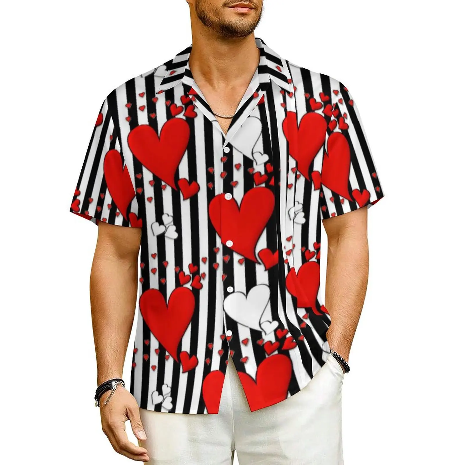 

Hawaiian Shirt Beach Valentine Heart Print Blouses Black Stripes Cool Casual Shirts Men Short Sleeve Streetwear Oversize Clothes