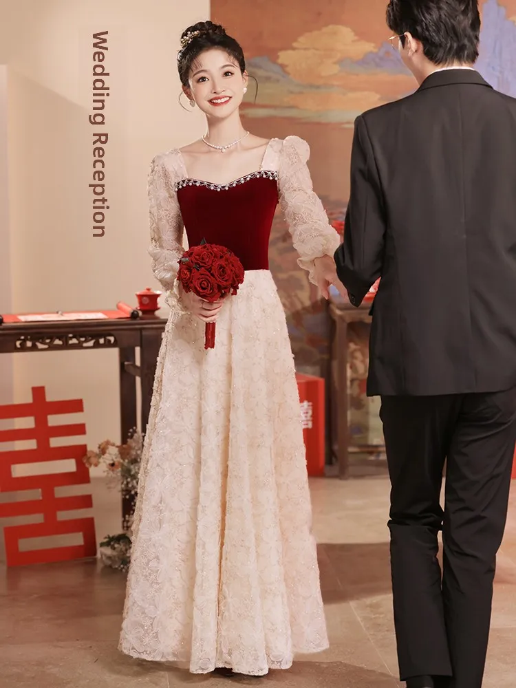 

Новое корейское свадебное платье 2026 года для невесты, розовое, с длинными рукавами, приталенное, с жемчужной отделкой, средней длины, для помолвки и свадьбы